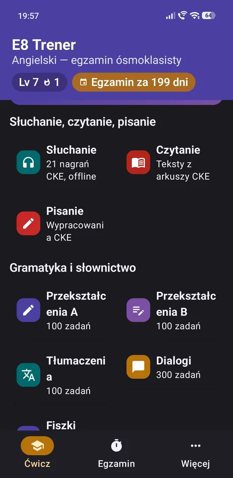 Ekran główny aplikacji E8 Trener: słuchanie, czytanie, pisanie, przekształcenia, tłumaczenia i dialogi